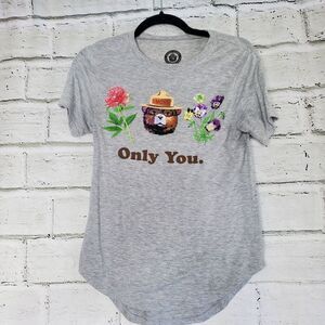 Smokey the Bear Short Sleeve T Shirt Womens Solid Gray floral top Sz XS Casual